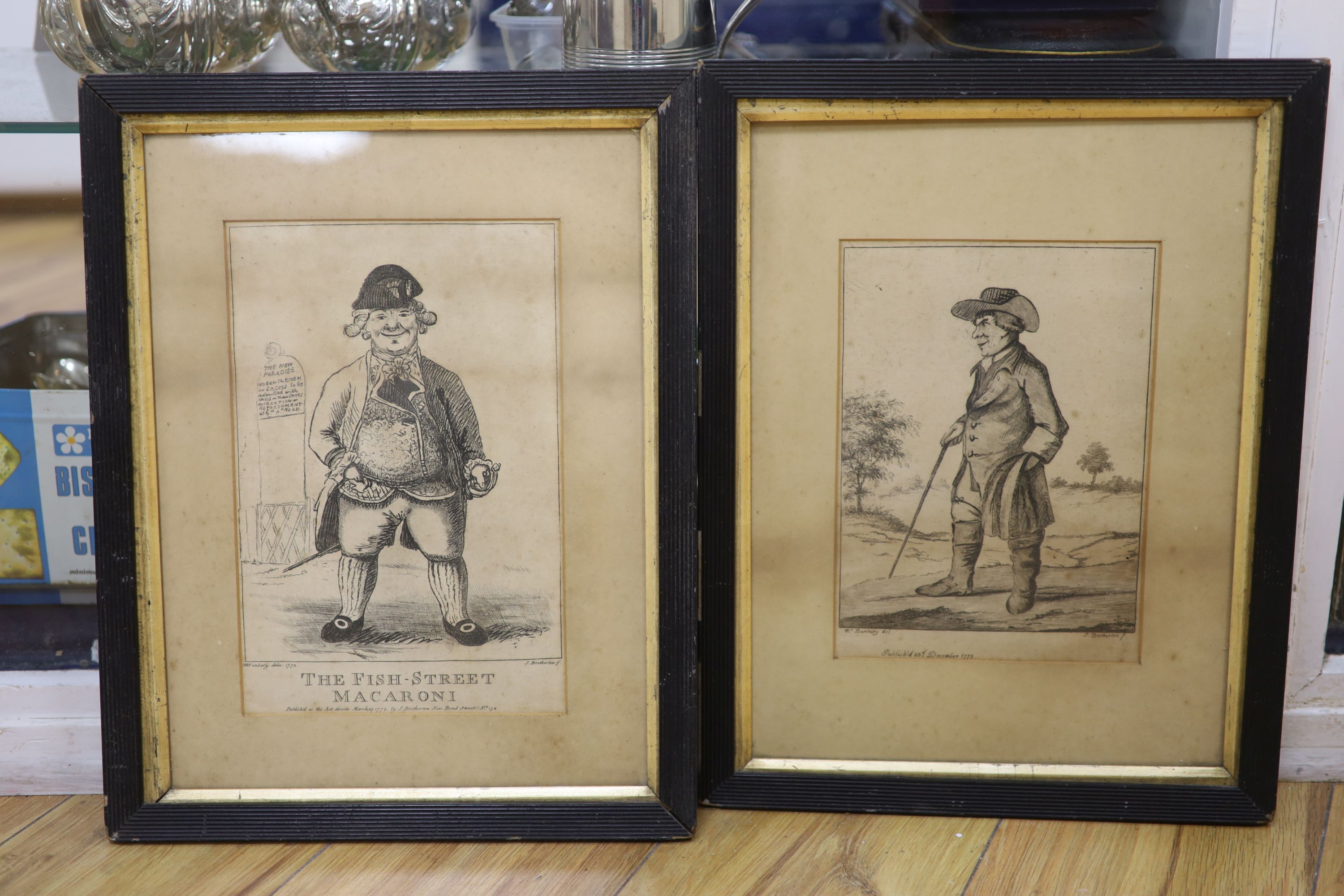 Bunbury after Bretherton, two engravings, The Fish Street Macaroni and Country Gentleman, 26 x 17cm